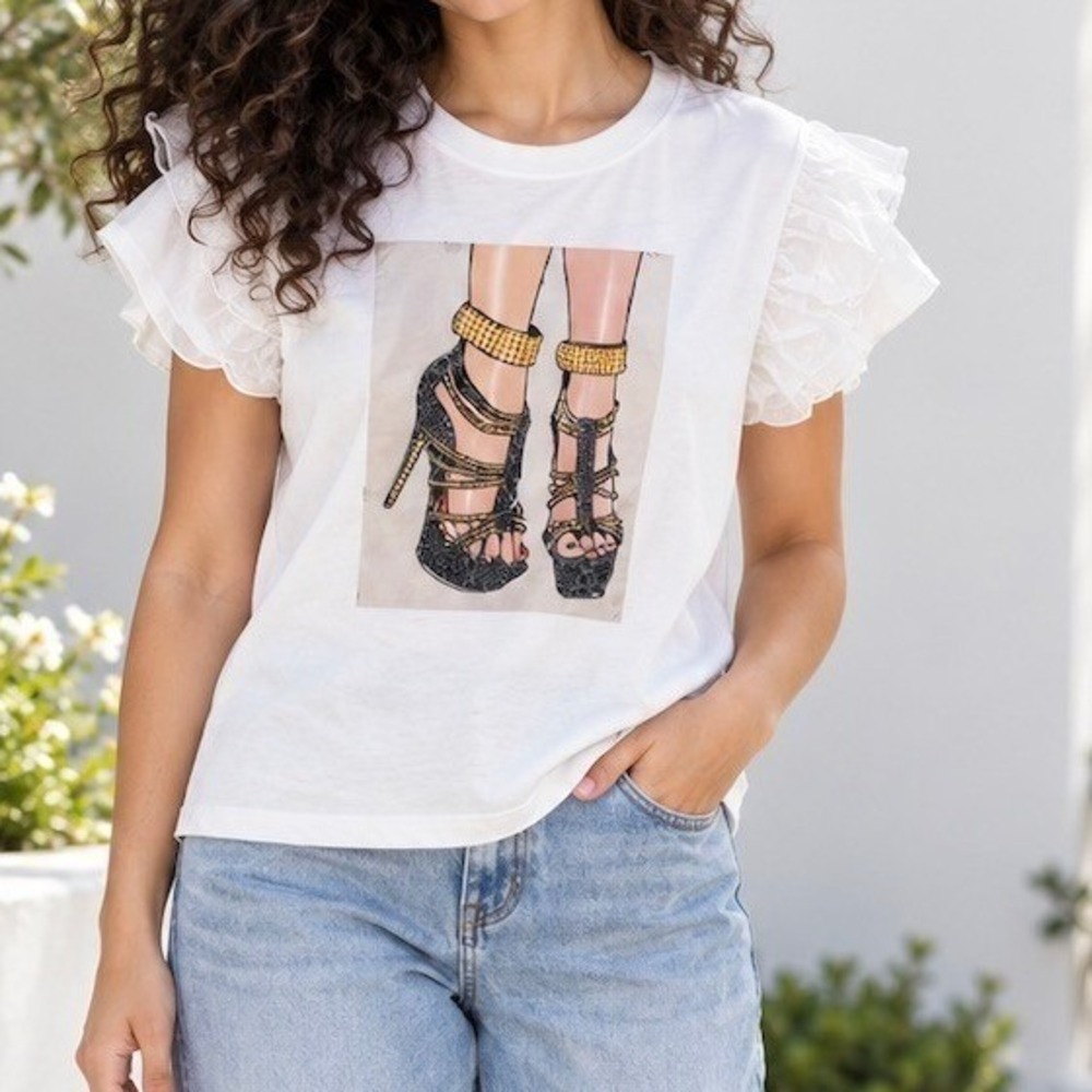 Women's White Graphic Tee Ruffle Sleeve High Heel Shoes Fashion Casual T-Shirt
